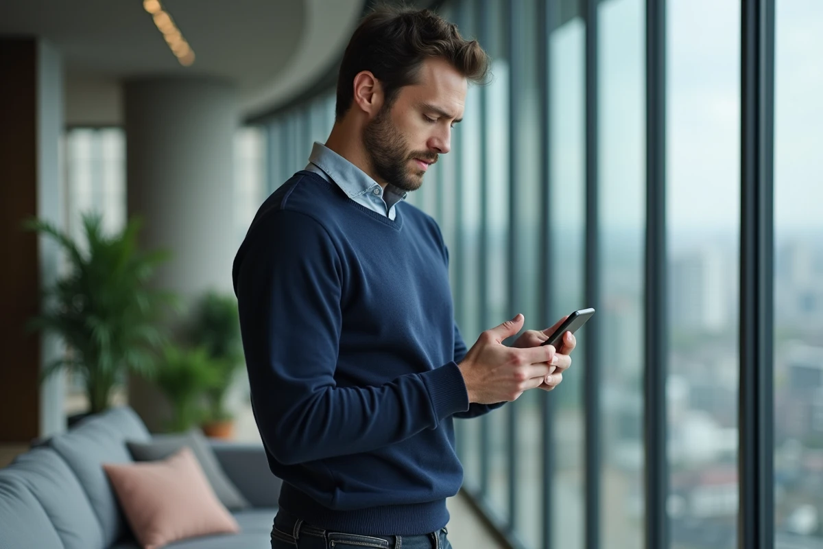 Homme consultant son compte Société Générale Particuliers sur smartphone dans un salon moderne
