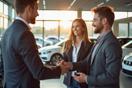 Jeune couple souriant avec un vendeur de voitures en concession