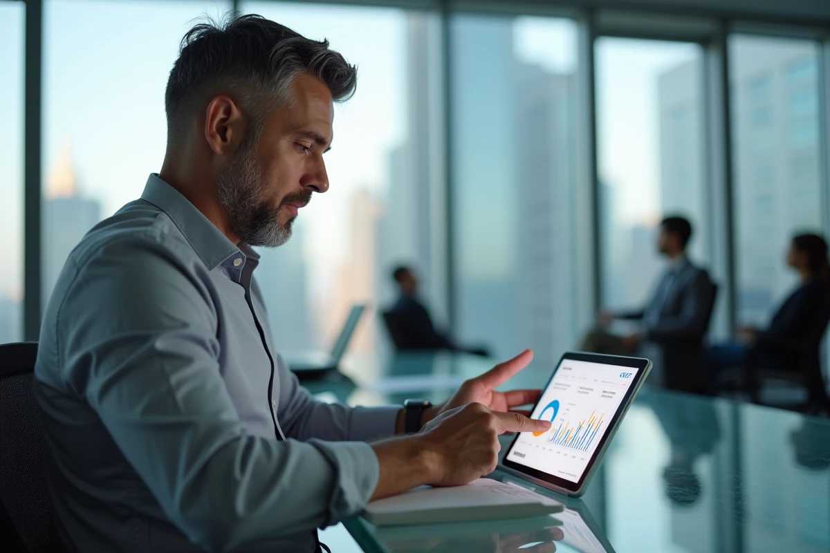 Homme en entreprise consultant son espace client bancaire sur tablette pour activer sa carte
