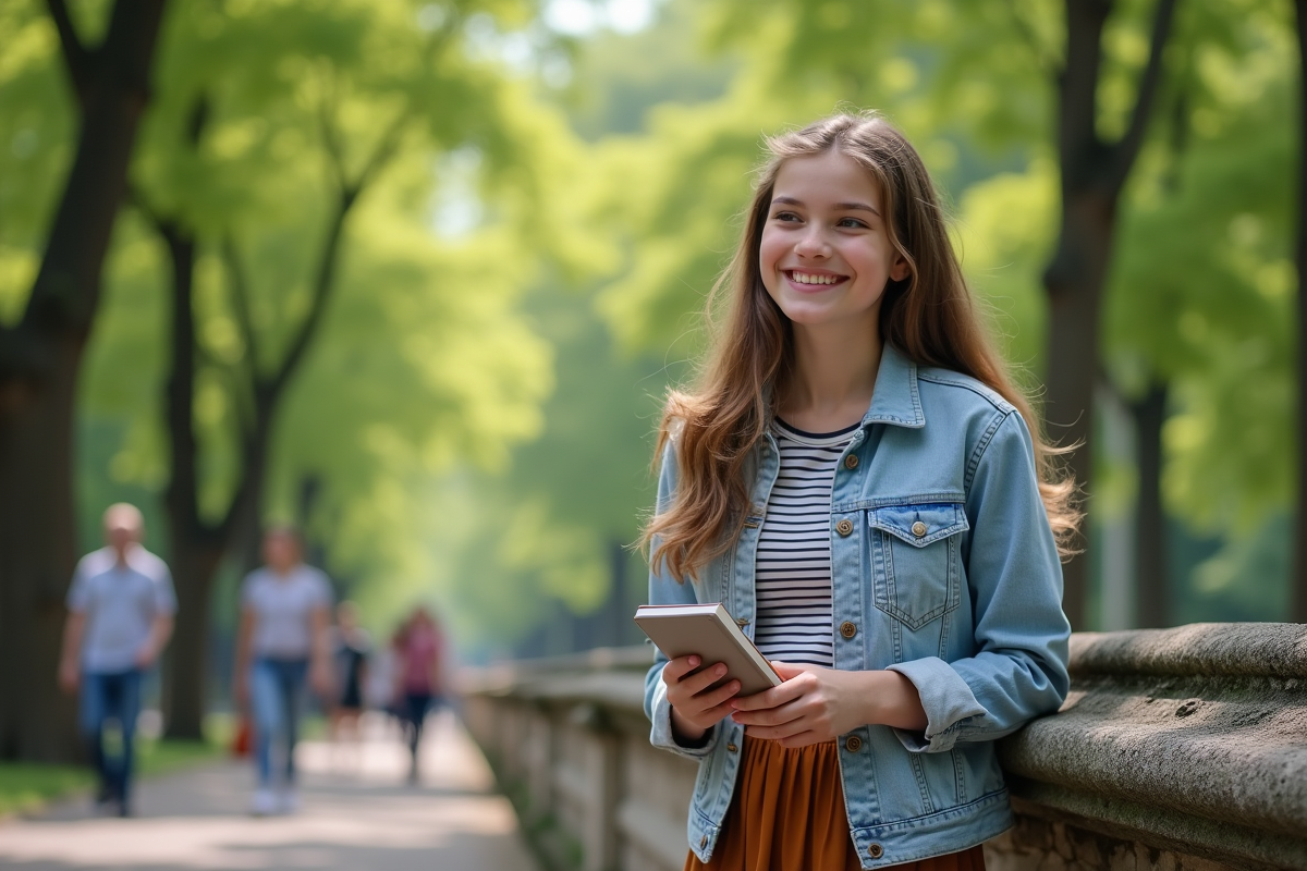 Adolescente riant dans un parc urbain verdoyant