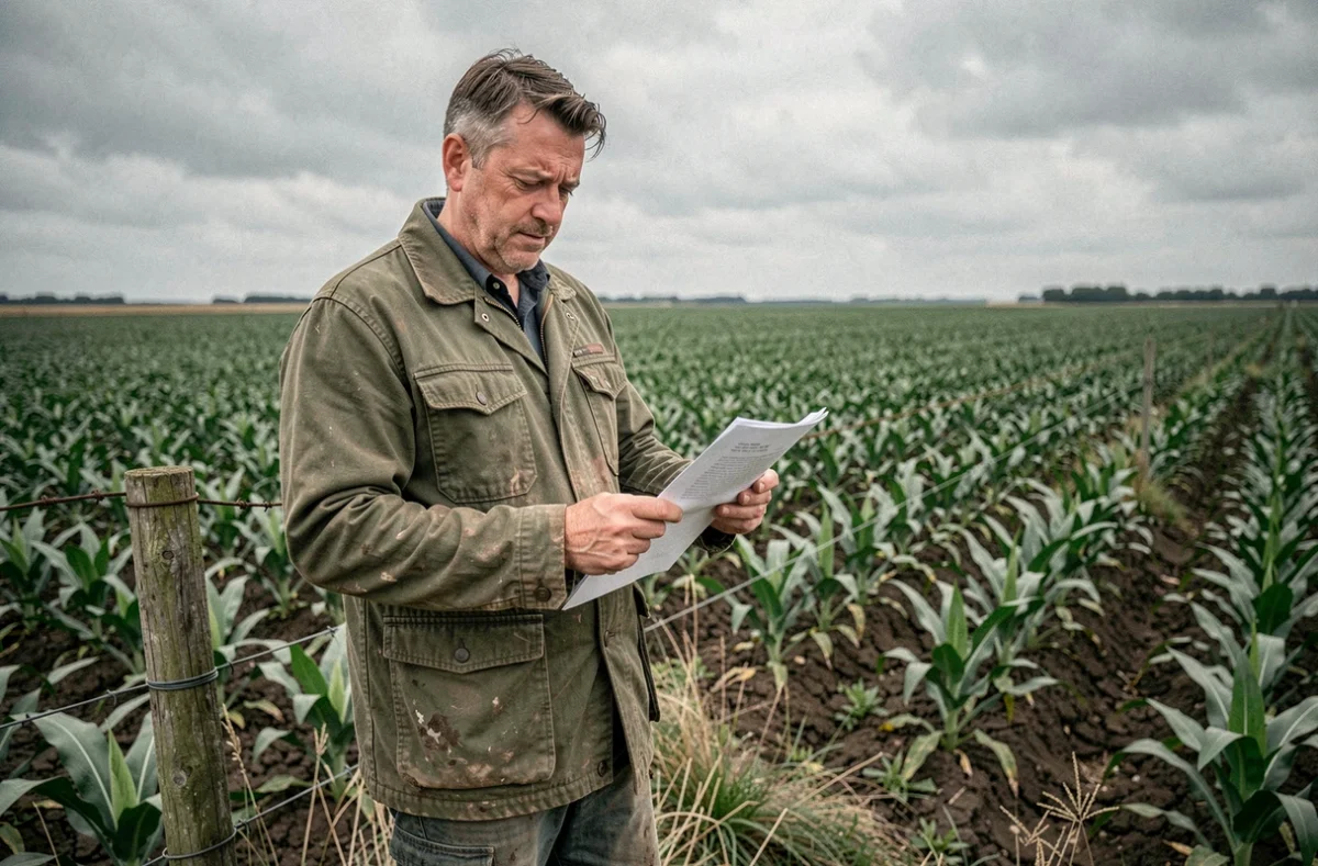 Agriculteur picard consultant un document financier dans ses champs en Picardie