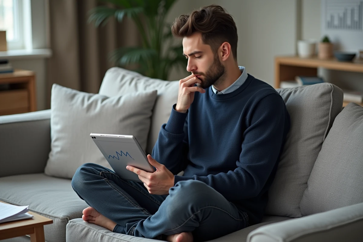 Jeune homme analysant un tableau de bord financier Econozen sur tablette depuis son canapé dans un appartement moderne