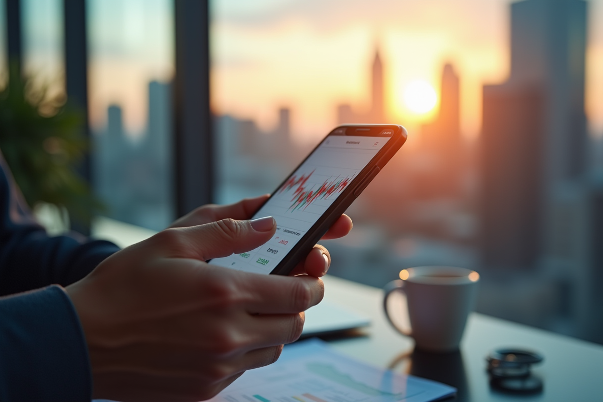 Main d analyste avec smartphone affichant un graphique de cryptomonnaie en hausse