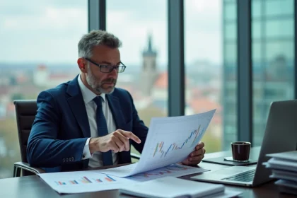 Analyste financier en costume marine examinant des graphiques de taux d'intérêt dans un bureau moderne à Prague