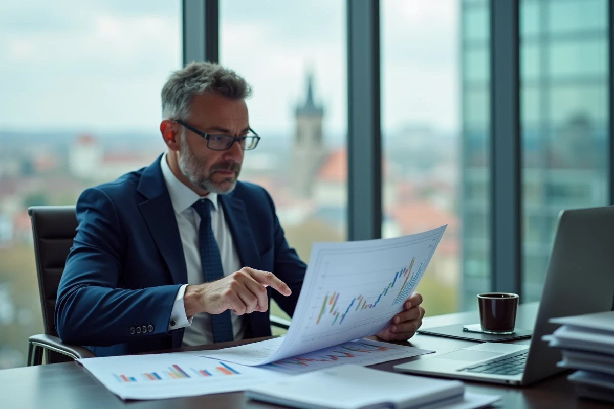 Analyste financier en costume marine examinant des graphiques de taux d'intérêt dans un bureau moderne à Prague