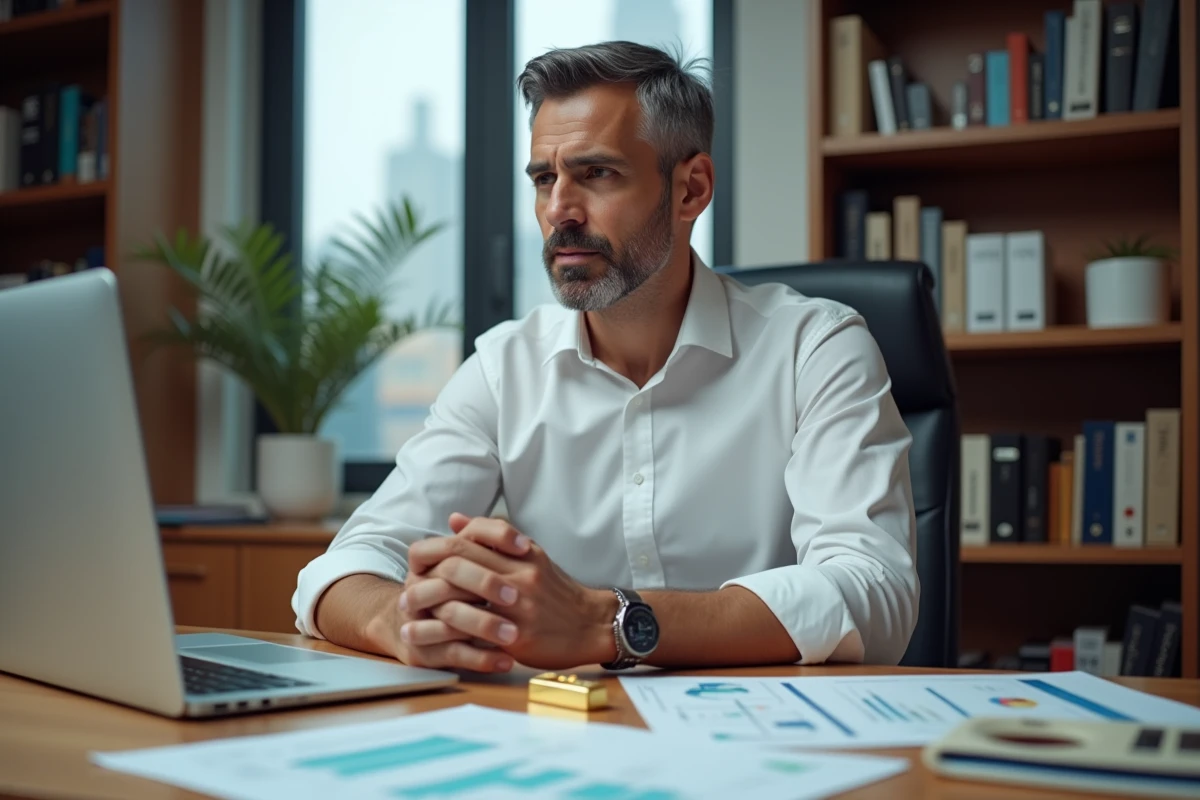 Analyste financier tenant un lingot d'or 250g au-dessus de graphiques de prix sur un bureau de travail professionnel