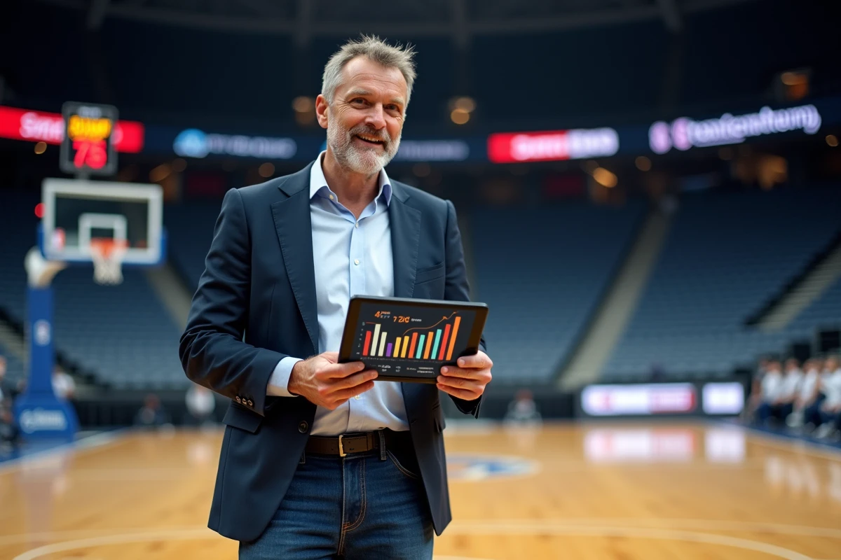 Joueur de basket retraité avec tablette dans le stade