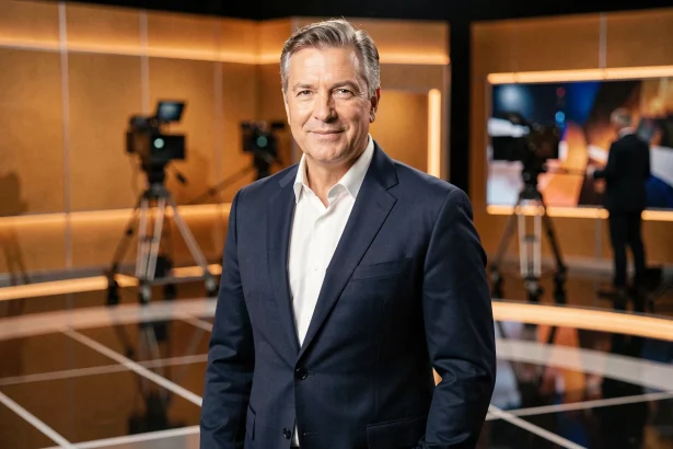 Animateur de télévision en costume marine dans un studio professionnel, illustrant le salaire et la carrière d'un présentateur vedette