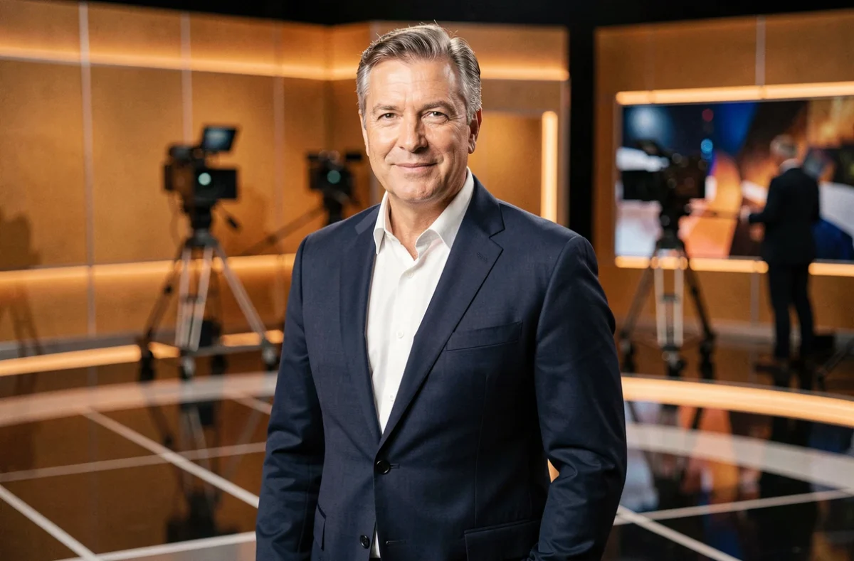 Animateur de télévision en costume marine dans un studio professionnel, illustrant le salaire et la carrière d'un présentateur vedette