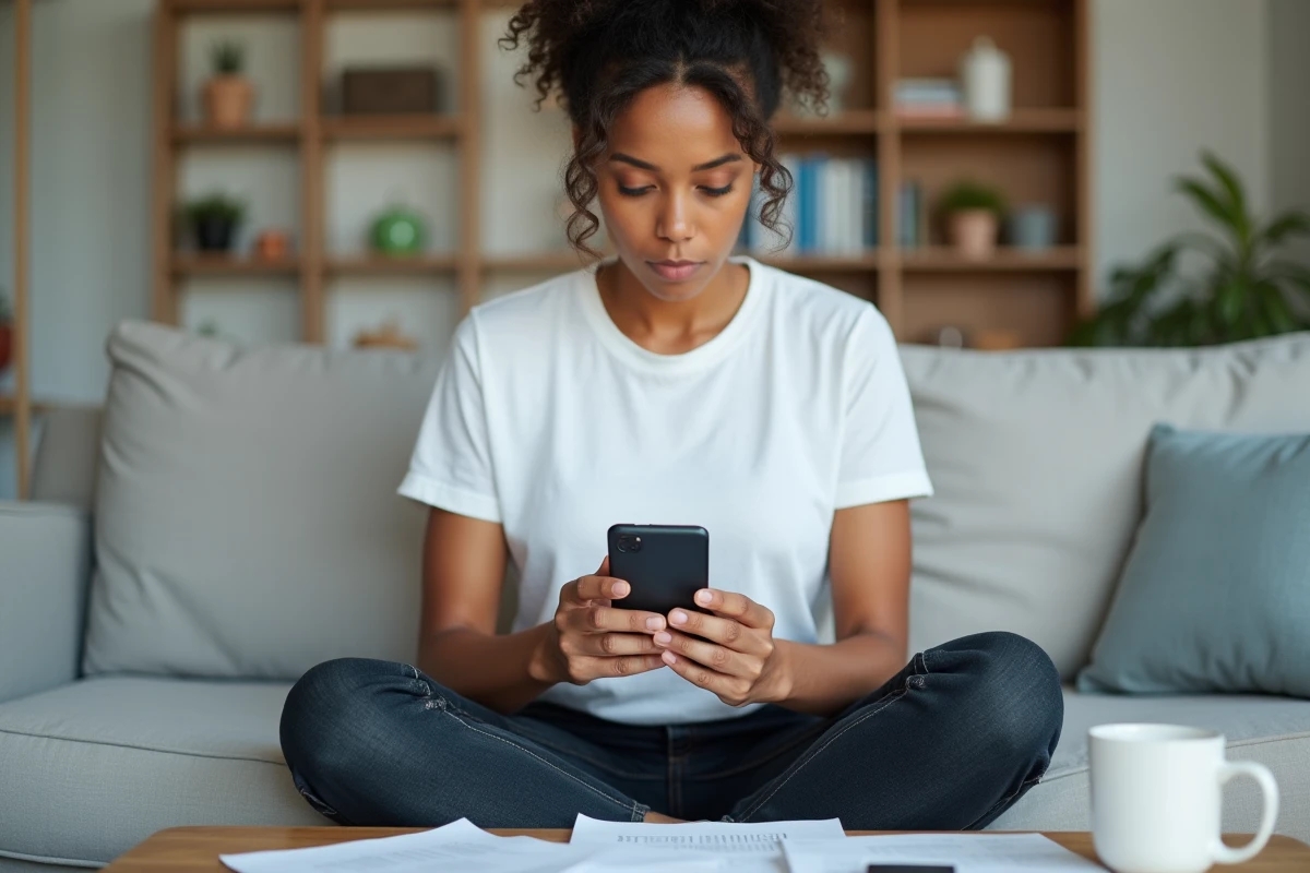 Jeune femme utilisant une application mobile de calcul de salaire brut en net sur son canapé à domicile