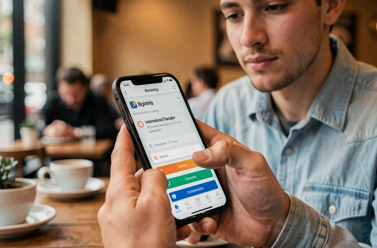 Jeune homme vérifiant une application de virement international sur son smartphone dans un café urbain