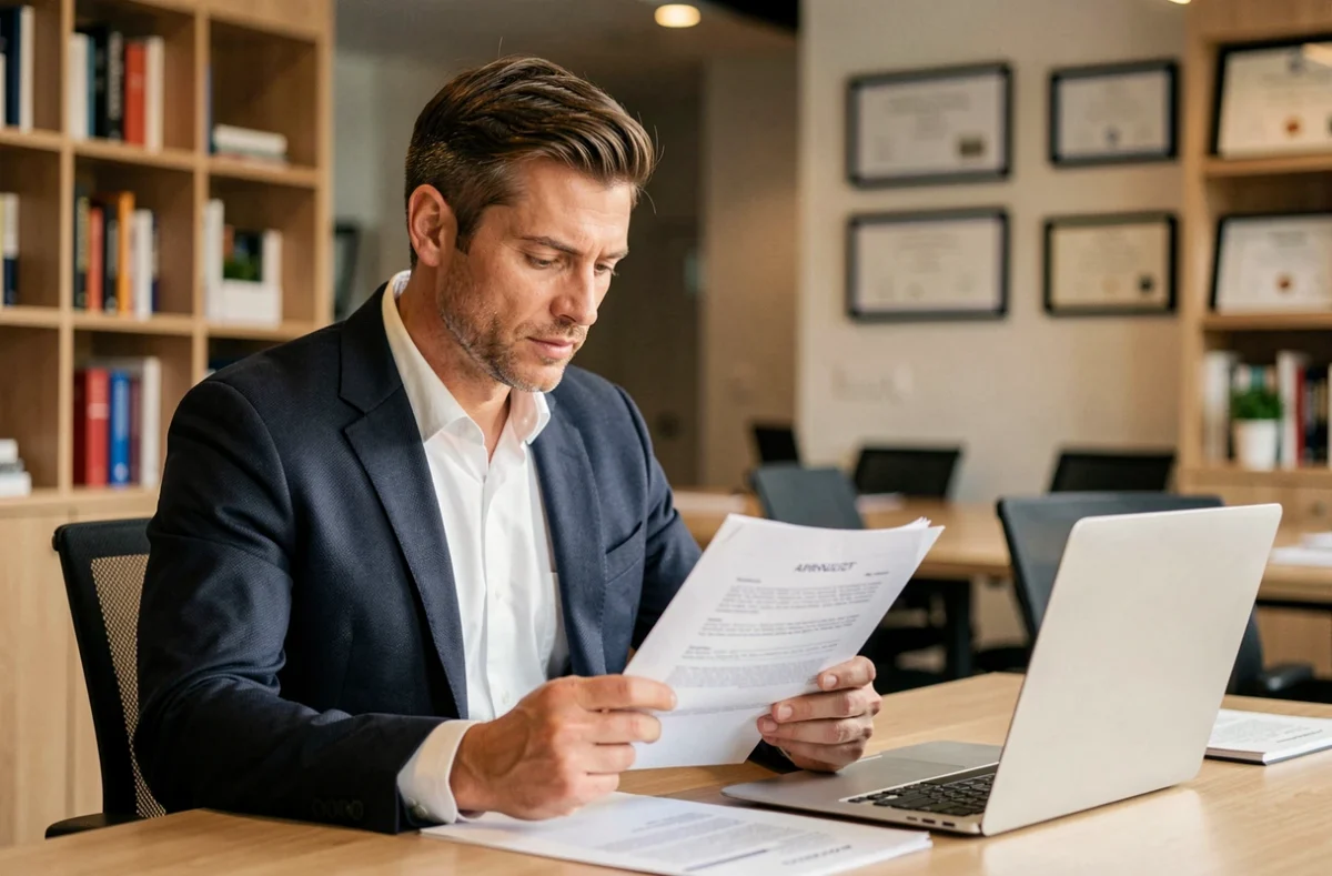Arnaud Lecolle, courtier en assurance, examinant un contrat dans son bureau