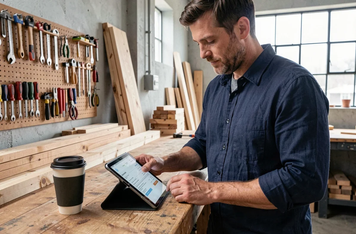 Artisan indépendant consultant une facture sur tablette dans son atelier de menuiserie