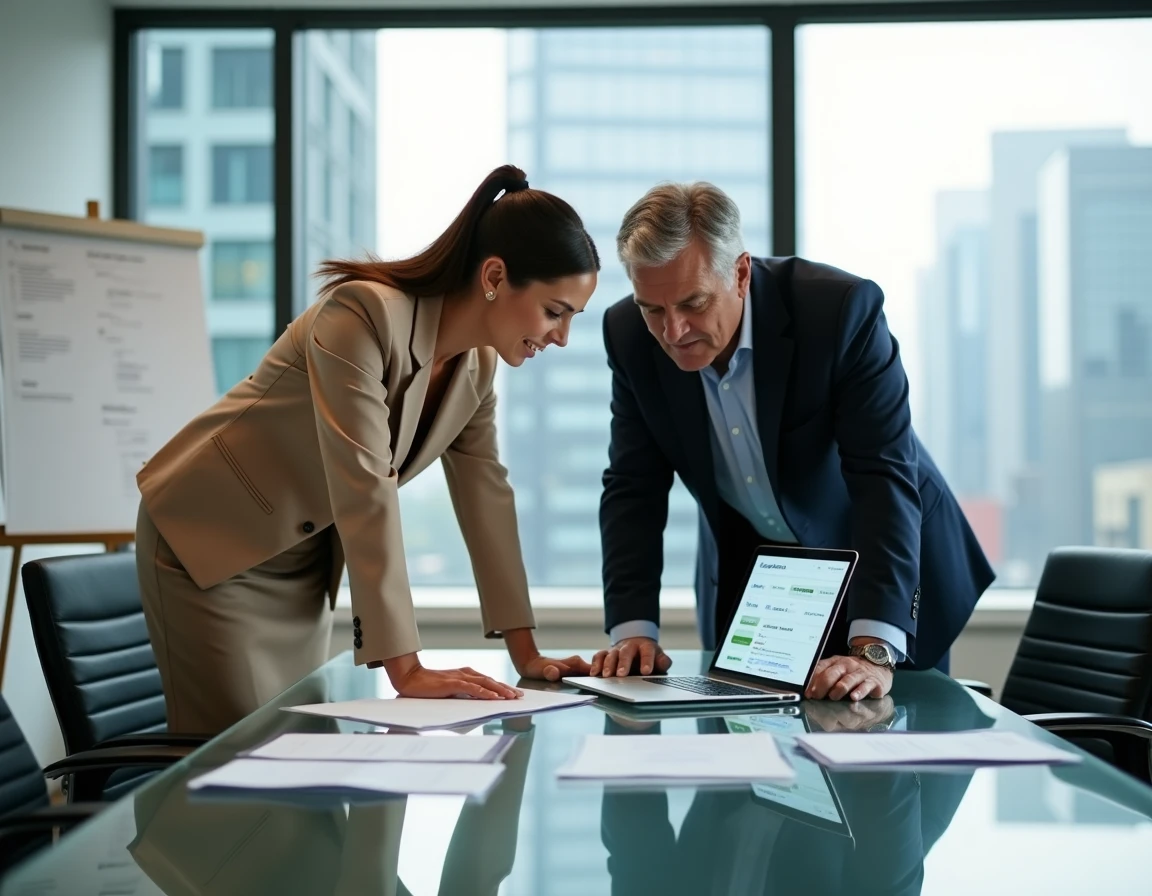 Deux associés professionnels analysant la trésorerie de leur entreprise via Cyberplus Rives de Paris Banque Populaire