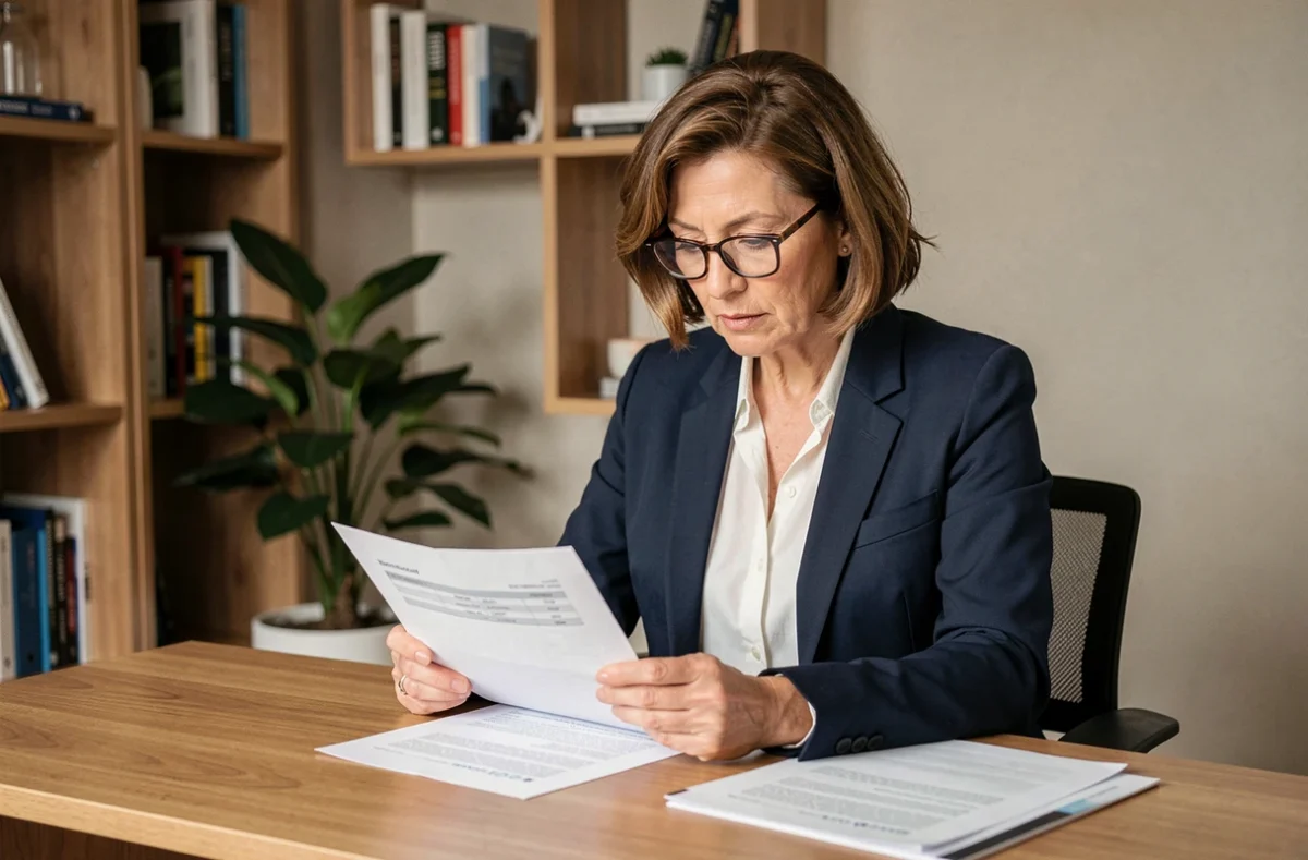 Femme mature examinant des documents de prêt immobilier liés à l'assurance emprunteur sans questionnaire médical