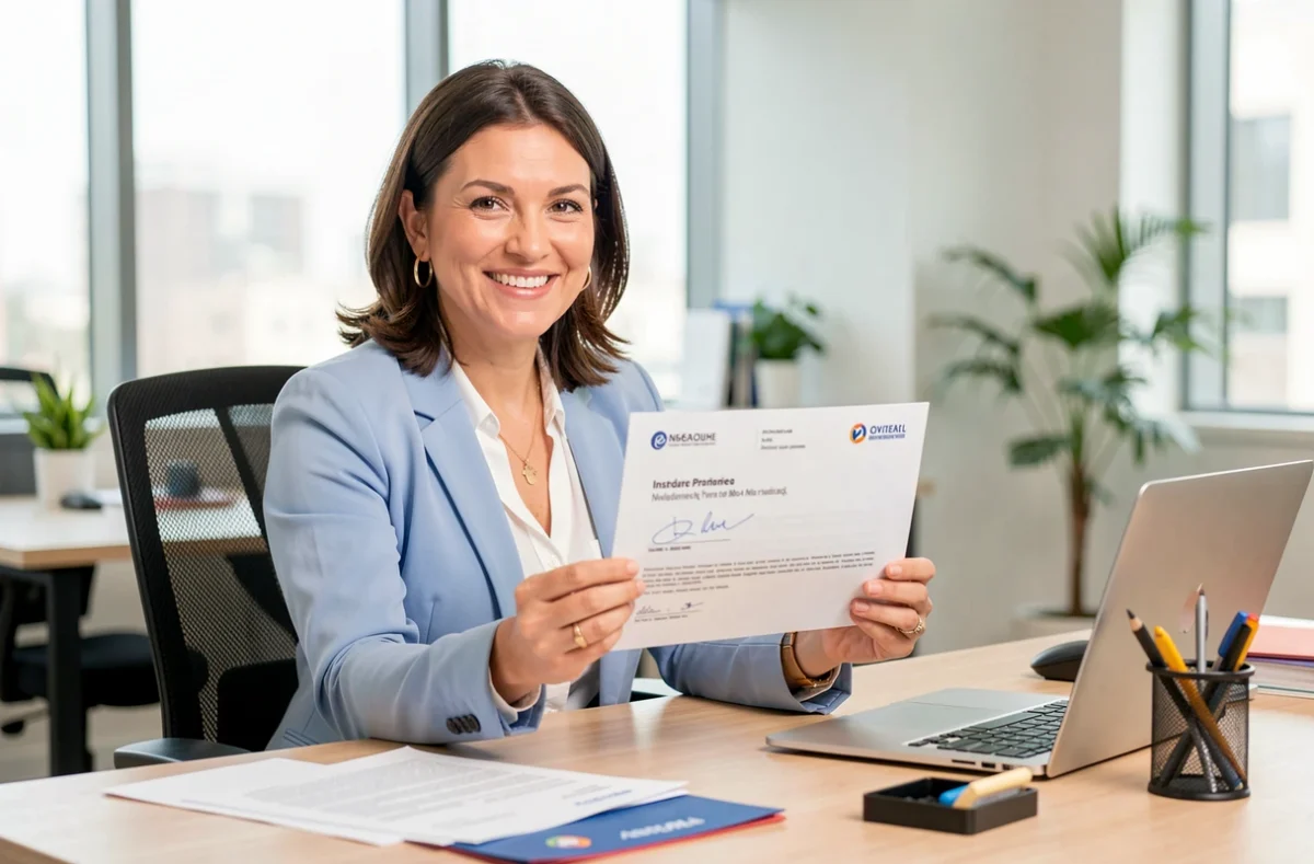 Courtière d'Assuréo Courtage remettant un contrat d'assurance signé à un client dans un bureau moderne et accueillant