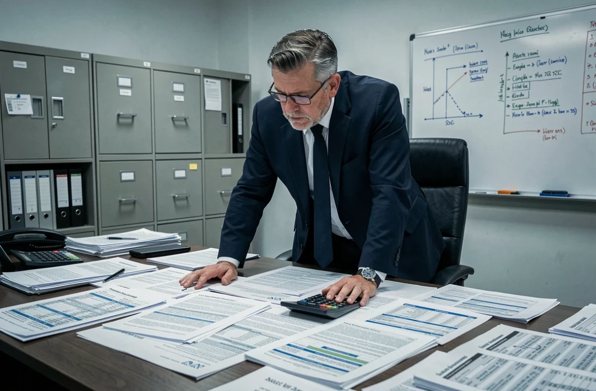 Auditeur d'Audit Invest analysant des rapports financiers et des portefeuilles d'assurance sur un bureau de travail professionnel