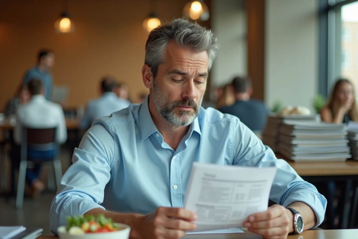 Employé de bureau consultant le barème fiscal des repas pendant sa pause déjeuner en cafétéria d'entreprise
