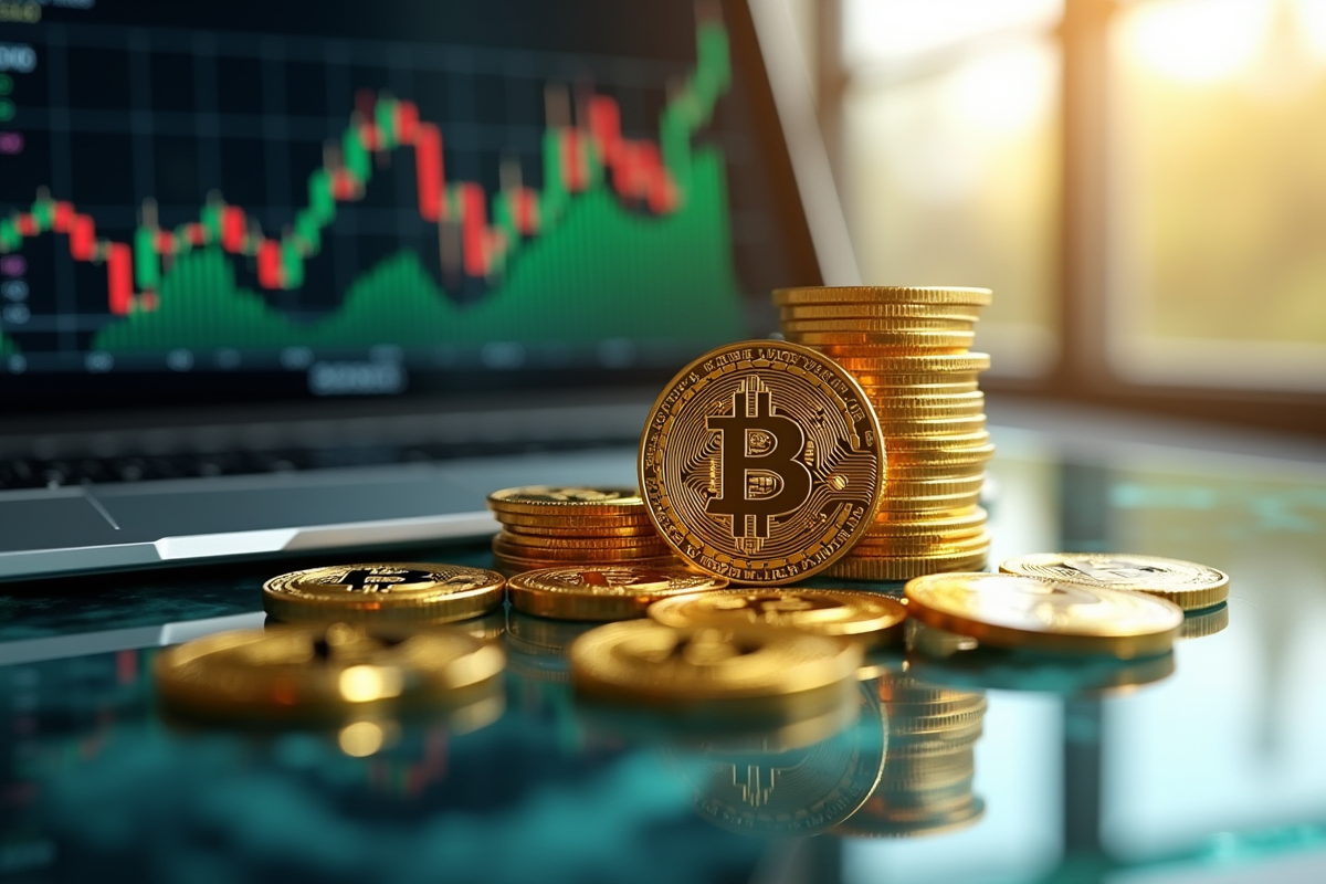 Pièces de bitcoins et cryptomonnaies sur un bureau moderne avec graphique en hausse