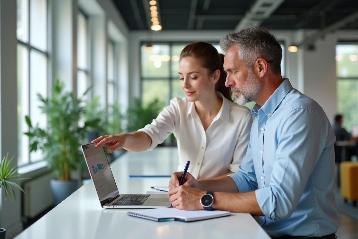 Deux collègues découvrant ensemble les bonnes pratiques de démarrage avec Econozen dans un espace de coworking moderne