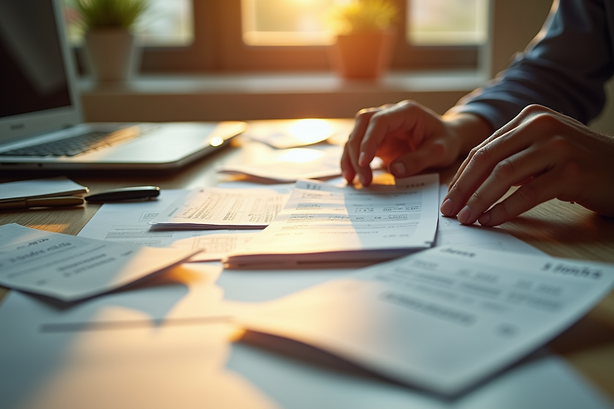 Mains triant des factures impayees sur un bureau ensoleille