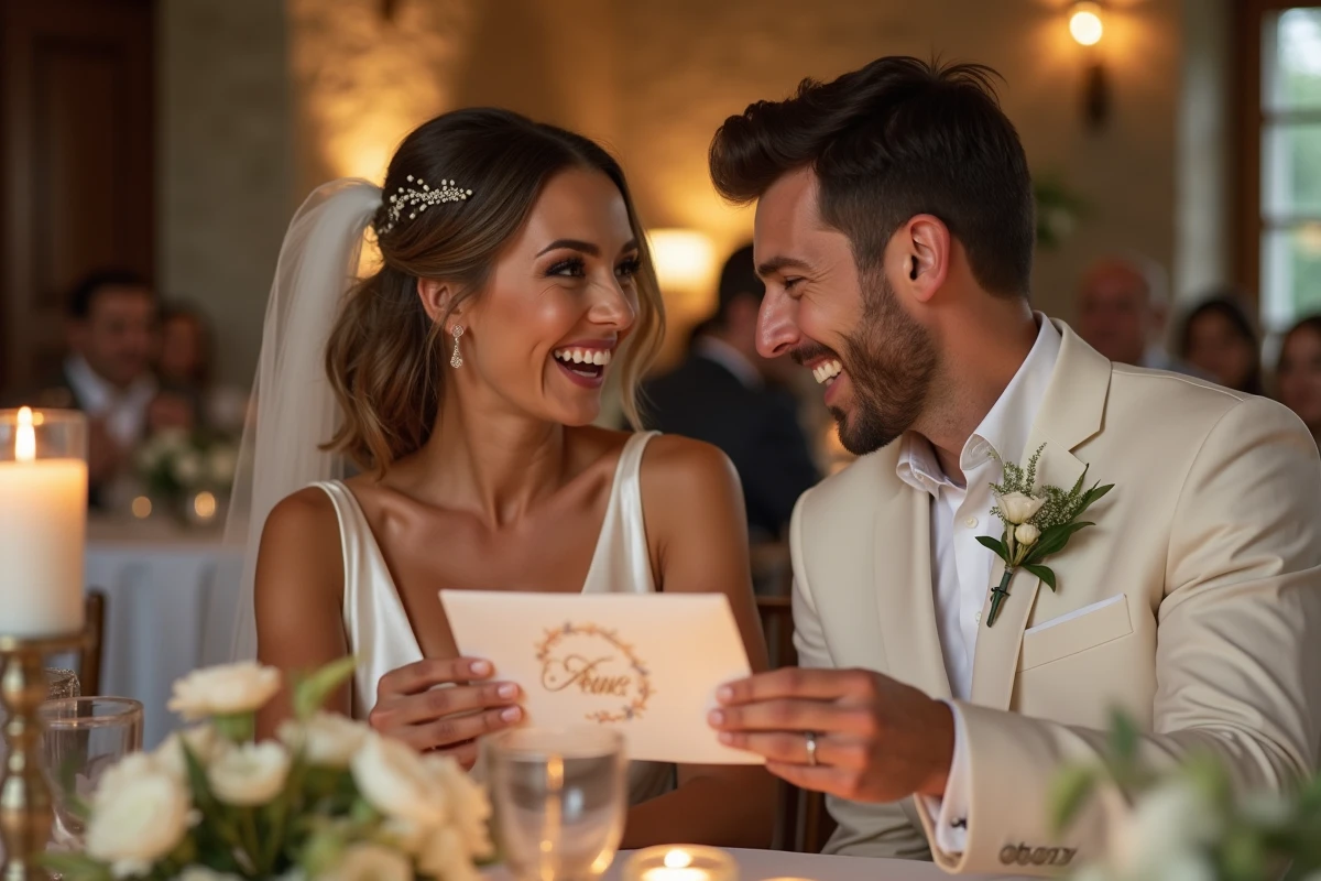 Couple de mariés ouvrant une enveloppe cadeau lors de leur réception de mariage dans un lieu élégant en France