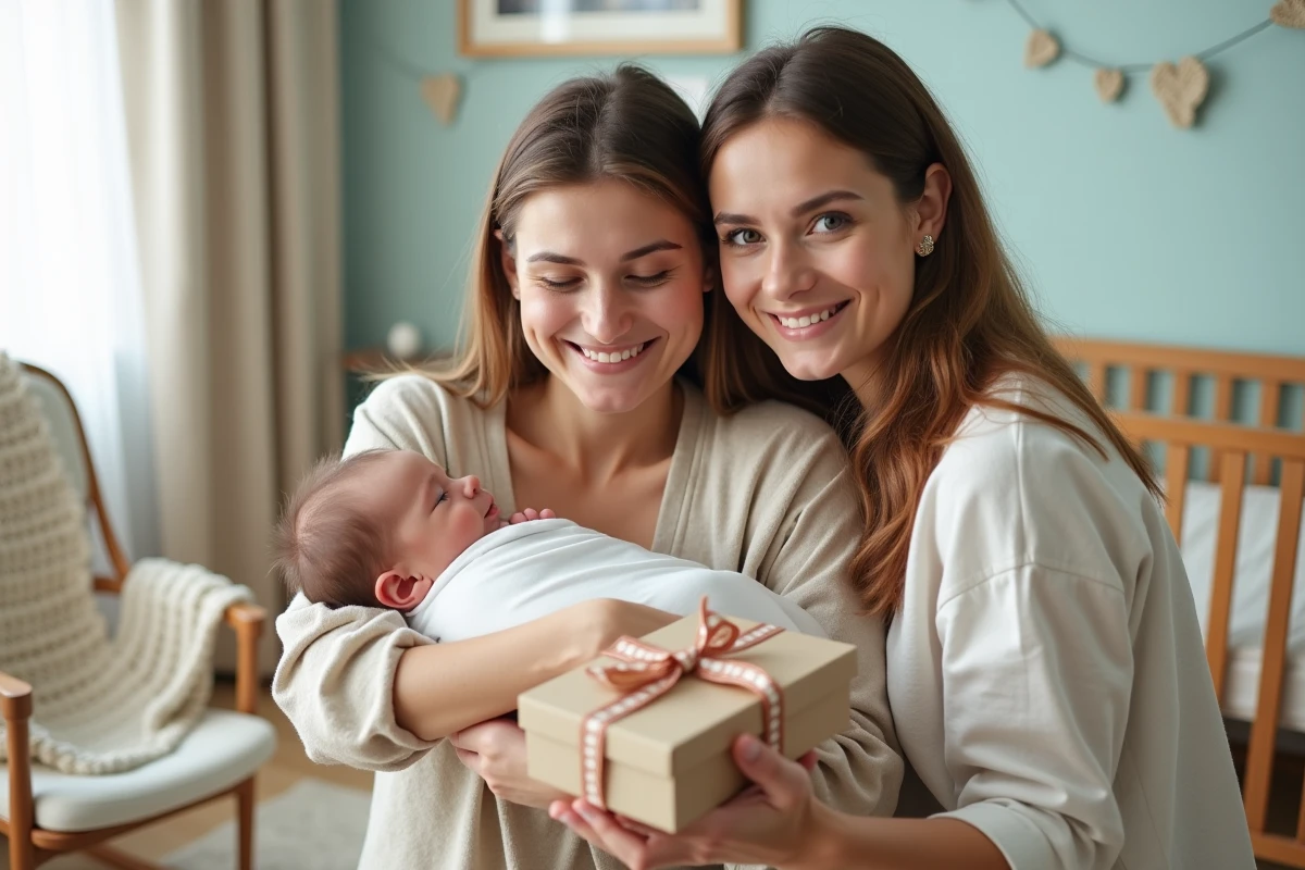 Jeune mère recevant un cadeau de naissance dans une chambre de bébé moderne et chaleureuse