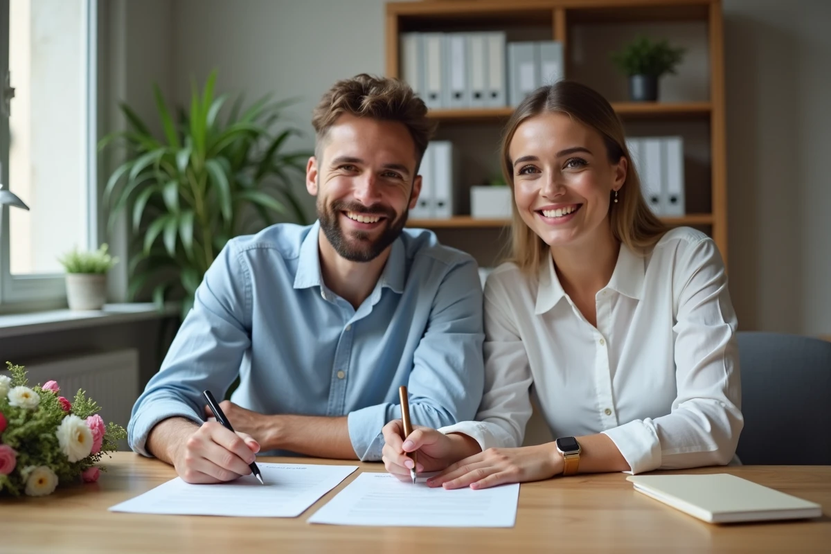 Couple signant les documents du PACS dans un bureau administratif avec enveloppe cadeau et bouquet de fleurs