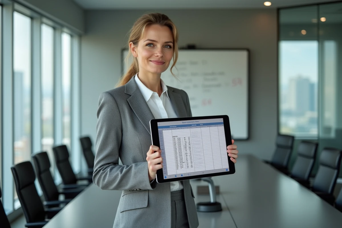 Cadre féminine en blazer gris consultant une grille de salaires sur tablette dans une salle de conférence à Genève