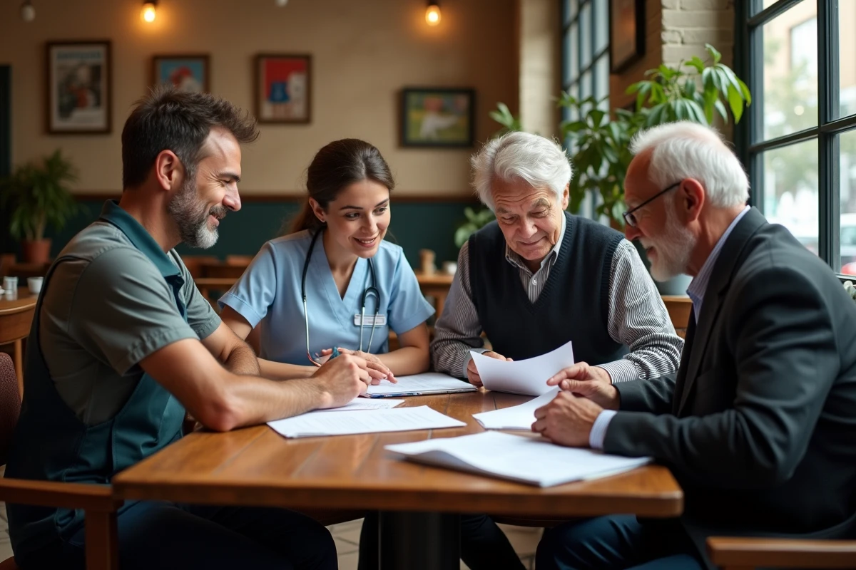Groupe de quatre personnes discutant autour d une table de café