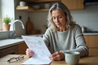 Femme calculant ses gains sur son livret A avec un relevé de compte et des notes manuscrites à la table de cuisine