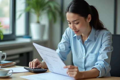Femme calculant les heures en centièmes sur une feuille de temps avec une calculatrice dans un bureau