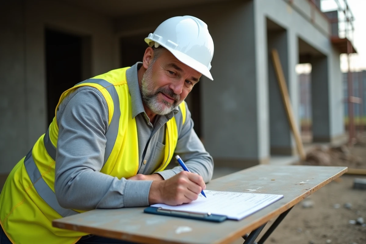 Chef de chantier consultant un tableau d'heures en centièmes sur un chantier de construction