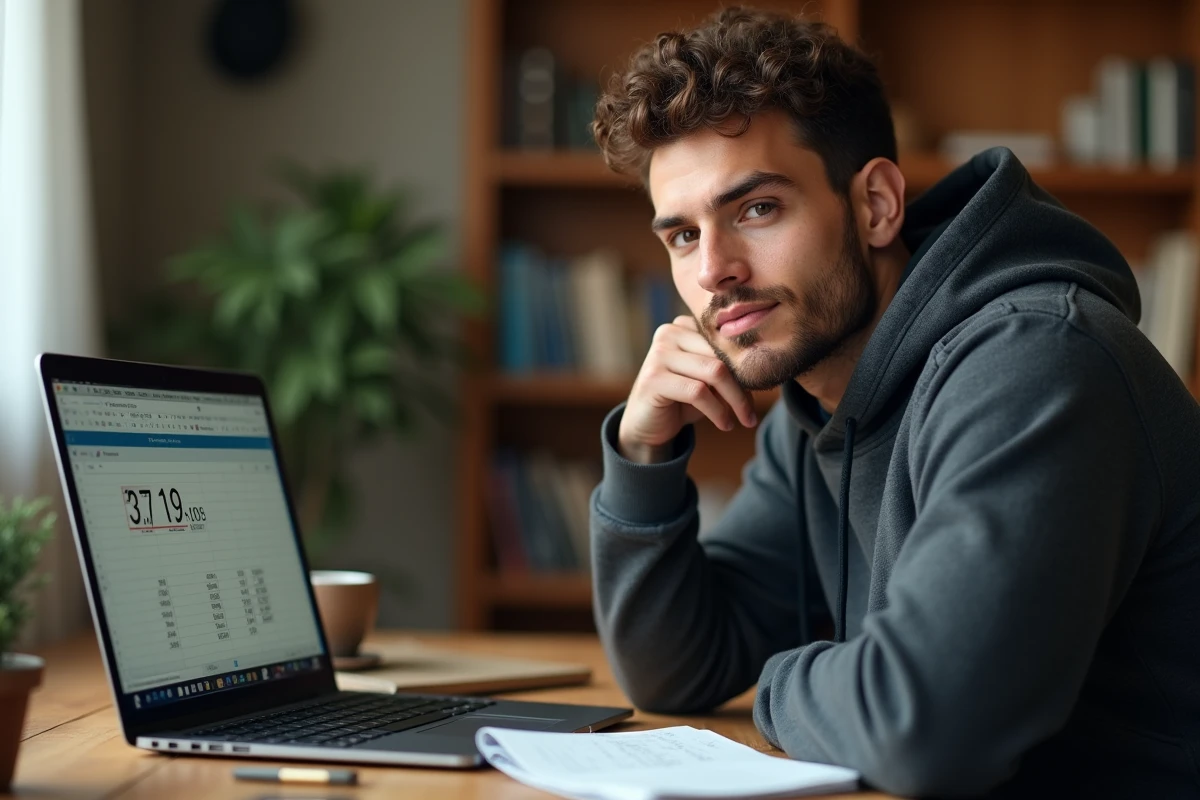 Jeune homme consultant un tableau de conversion d'heures en centièmes sur un ordinateur portable à la maison