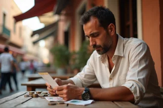 Homme calculant mentalement la conversion dirhams en euros sur la terrasse d'un café marocain avec des billets et pièces sur la table