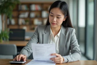 Femme professionnelle analysant sa fiche de paie avec une calculatrice dans un bureau moderne, illustrant le calcul du salaire brut en net