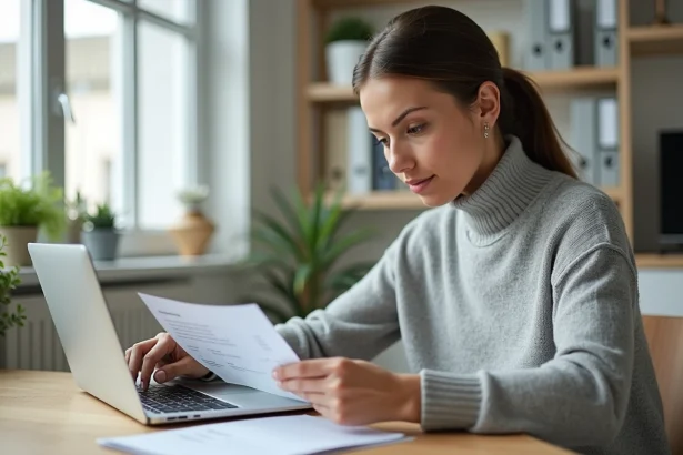 Femme consultant une fiche de paie et calculant son salaire net annuel sur un ordinateur portable dans un bureau à domicile