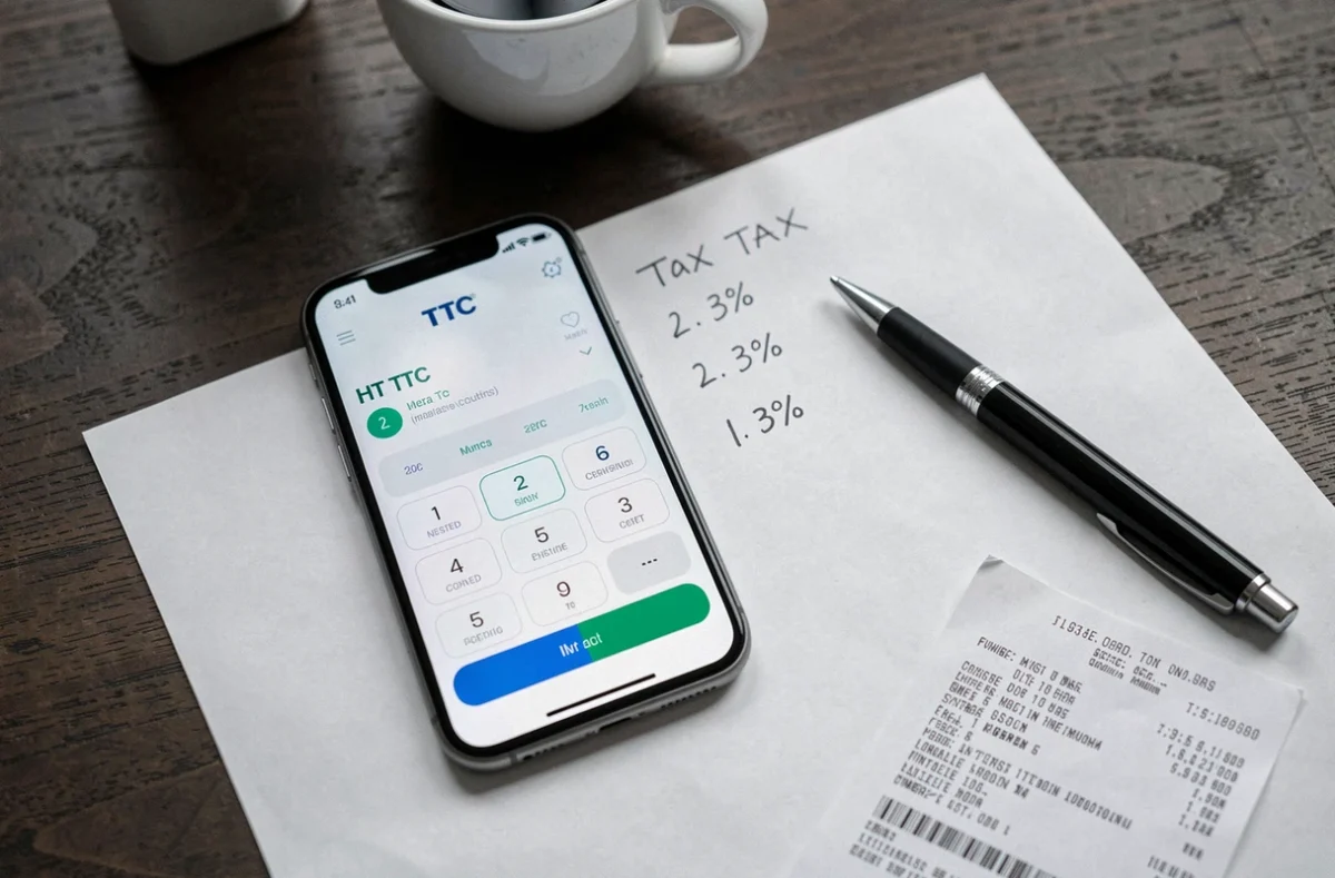 Calculatrice HT TTC sur smartphone posée sur un bureau avec notes manuscrites sur la TVA