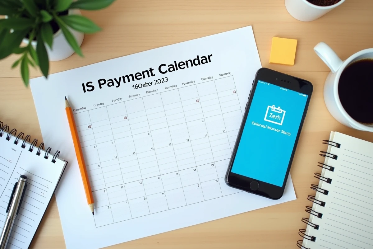 Vue aérienne d'un bureau comptable avec calendrier fiscal annoté et rappels numériques pour les dates d'acomptes d'impôt sur les sociétés