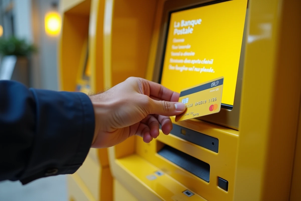 Gros plan d'une main insérant une carte bancaire dans un distributeur Banque Postale, symbolisant les limitations de retrait