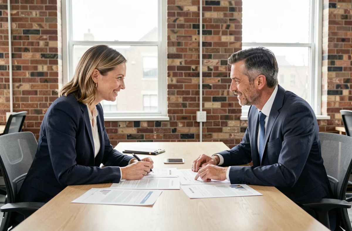 Deux courtiers de C&B Courtage en discussion professionnelle autour de contrats d'assurance dans un bureau moderne