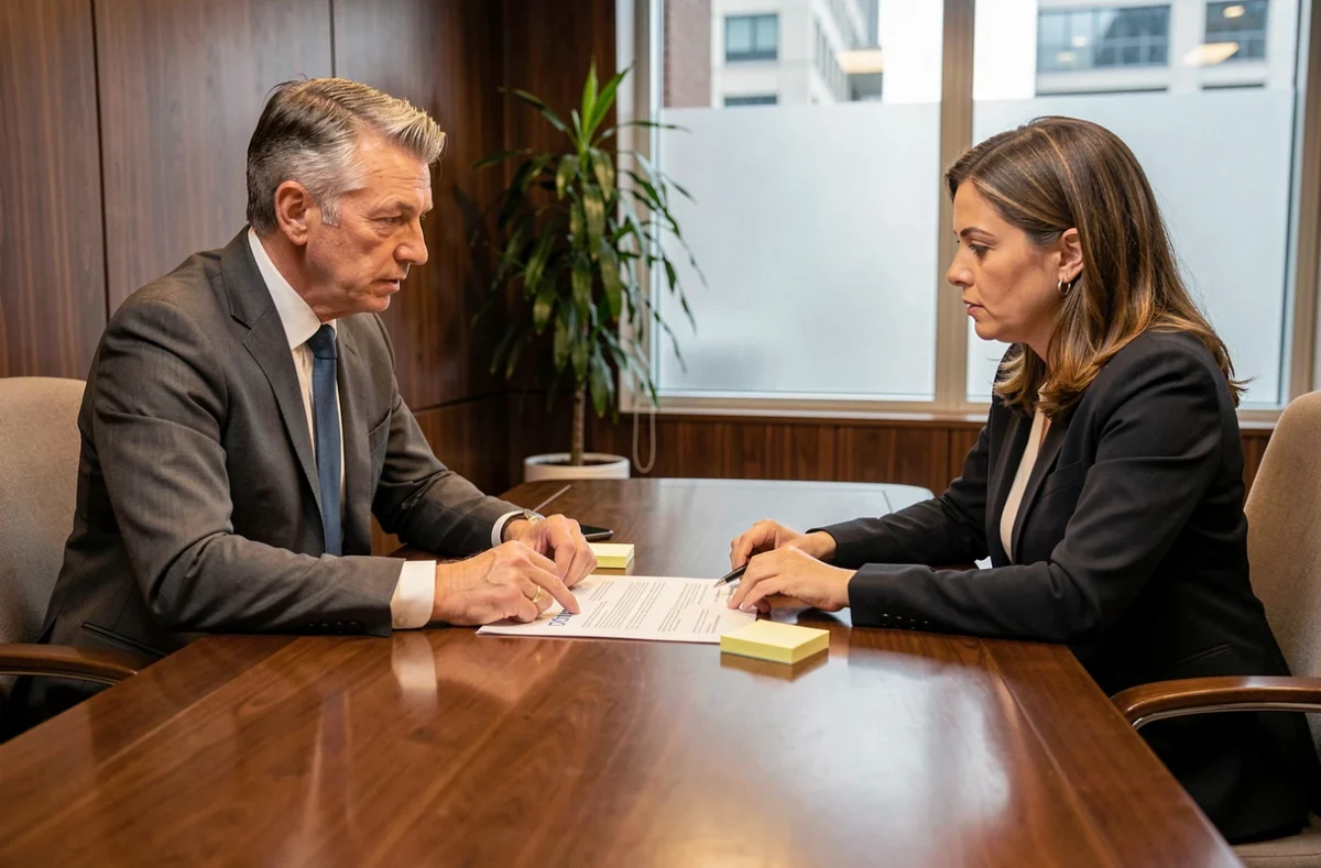 Chef d'entreprise et conseillère fiscale discutant du tableau TVS 2026 avec bonus et malus en salle de réunion