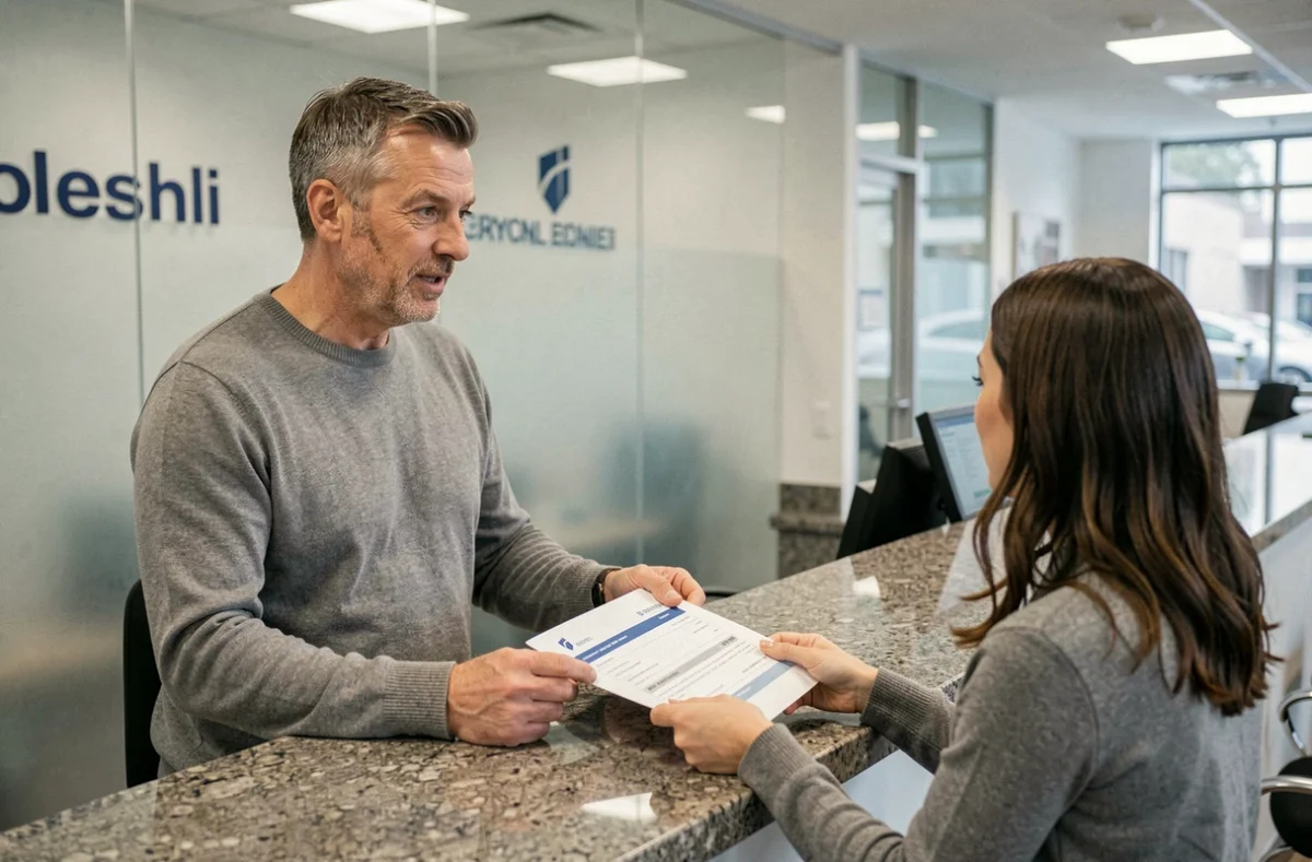 Client discutant d'un virement international avec un conseiller dans une agence bancaire moderne