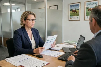 Cliente discutant d'un contrat avec un conseiller du Crédit Agricole dans une agence bancaire régionale