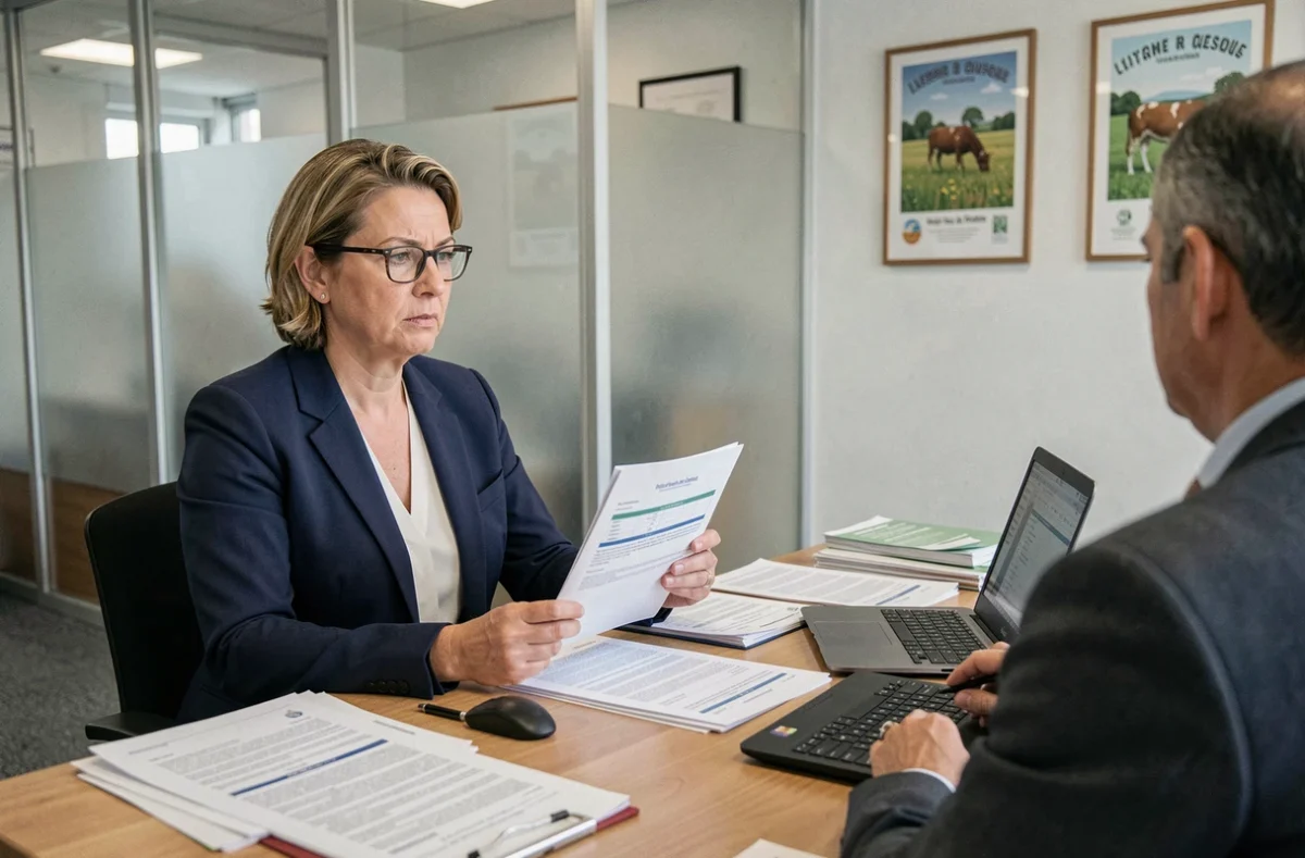 Cliente discutant d'un contrat avec un conseiller du Crédit Agricole dans une agence bancaire régionale