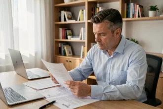 Homme qui compare des offres d'assurance emprunteur à son bureau à domicile