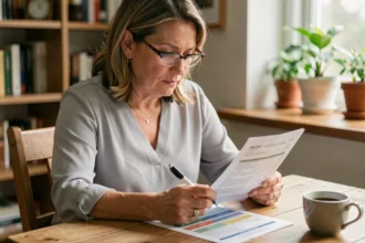 Femme d'une quarantaine d'années comparant des offres de mutuelle santé à son bureau à domicile