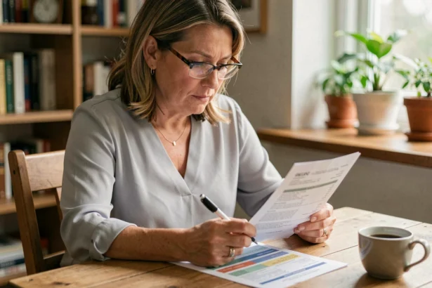 Femme d'une quarantaine d'années comparant des offres de mutuelle santé à son bureau à domicile