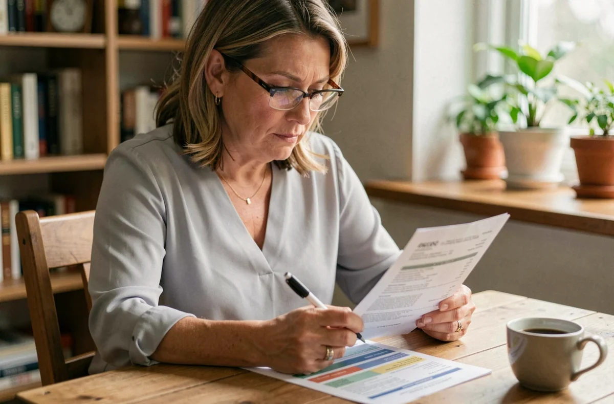 Femme d'une quarantaine d'années comparant des offres de mutuelle santé à son bureau à domicile