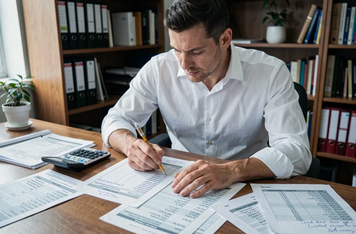 Comptable masculin analysant des taux de TVA sur des feuilles de calcul imprimées dans un bureau